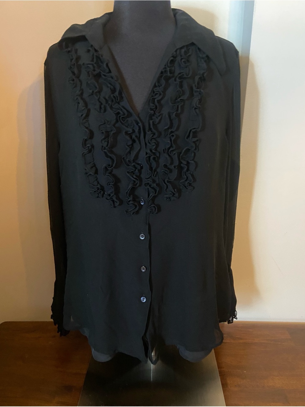 Coldwater Creek Black Ruffle-Front Button Down Blouse